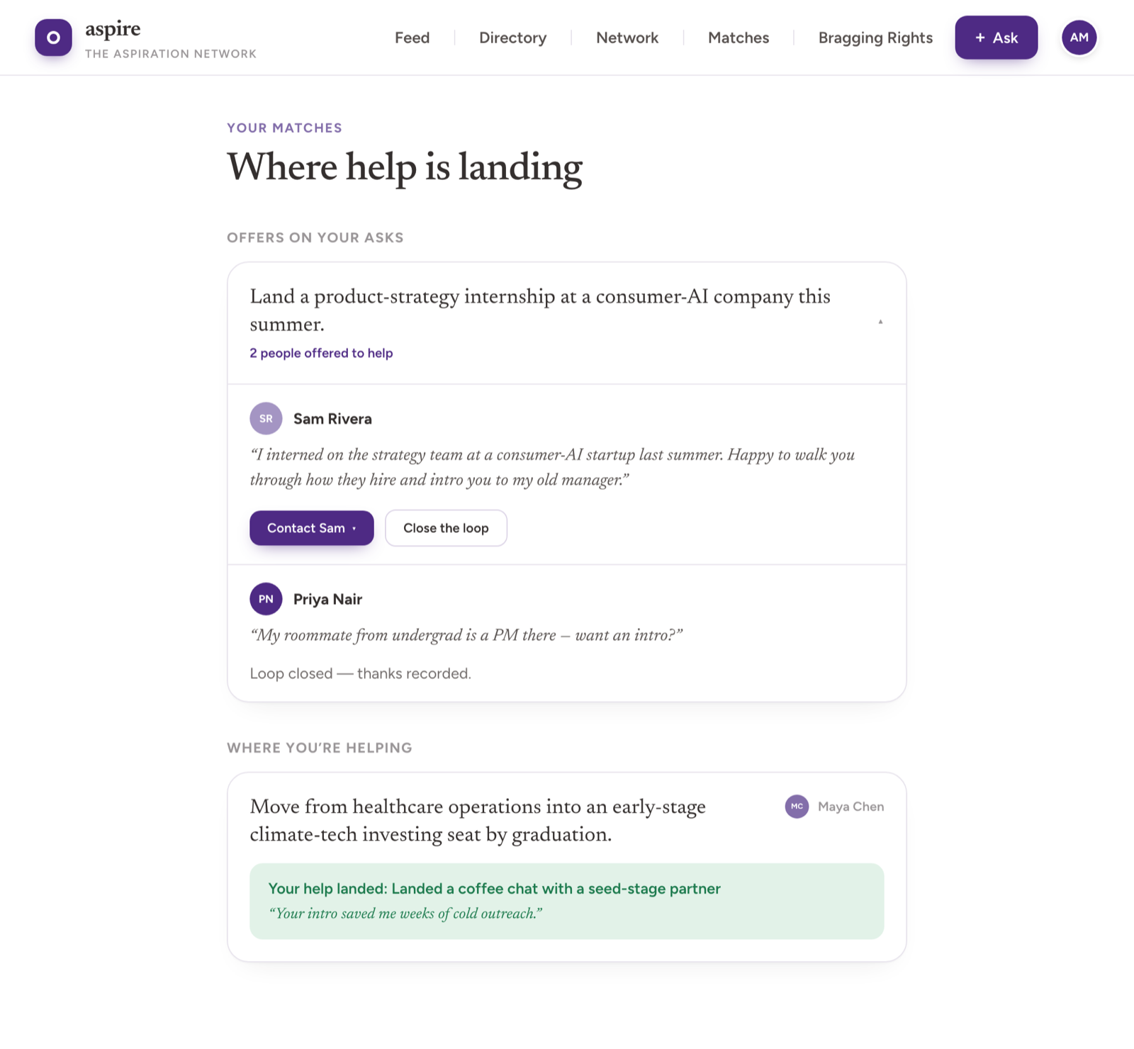 Where help is landing: offers grouped under each ask, with a clear next step.