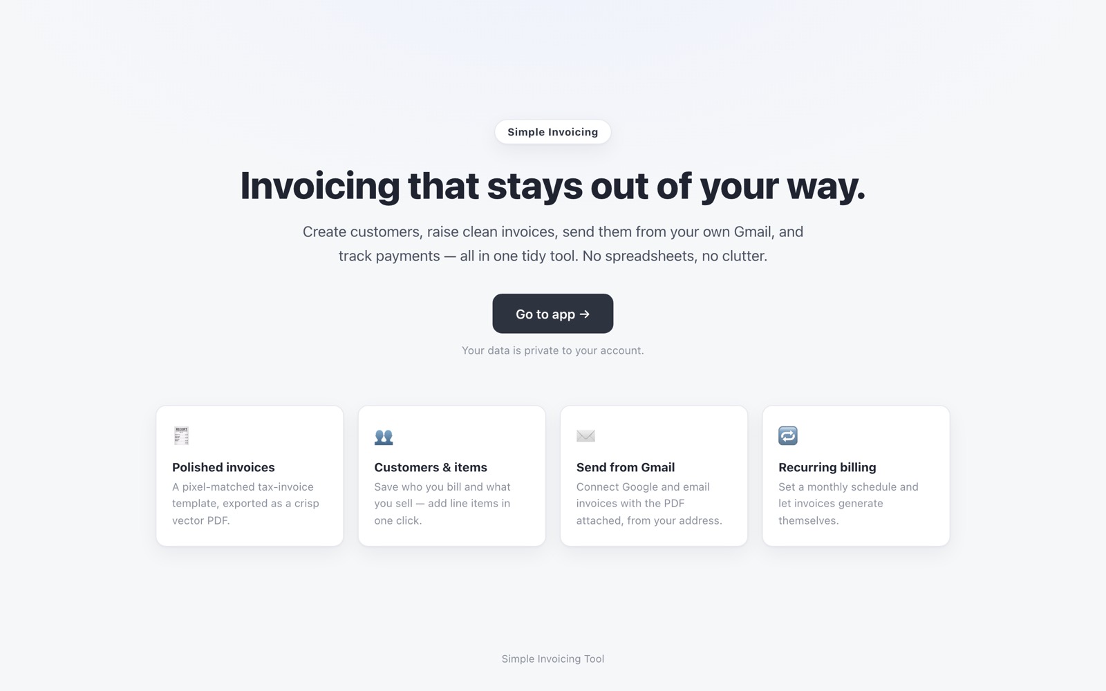 The whole promise on one screen: polished invoices, saved customers and items, sending from your own Gmail, recurring billing.