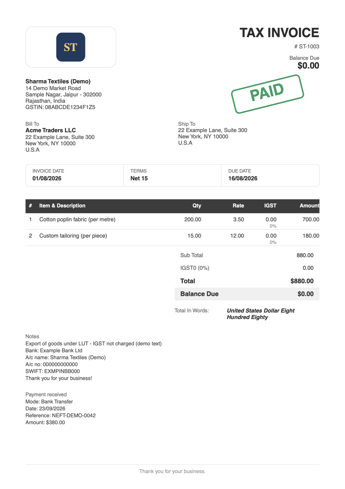 The PDF the customer receives: real text, not an image, about 4 KB.