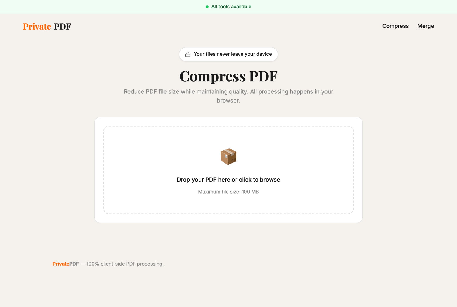 Compress, before a file is added. The lock badge sits at the top of every tool page.