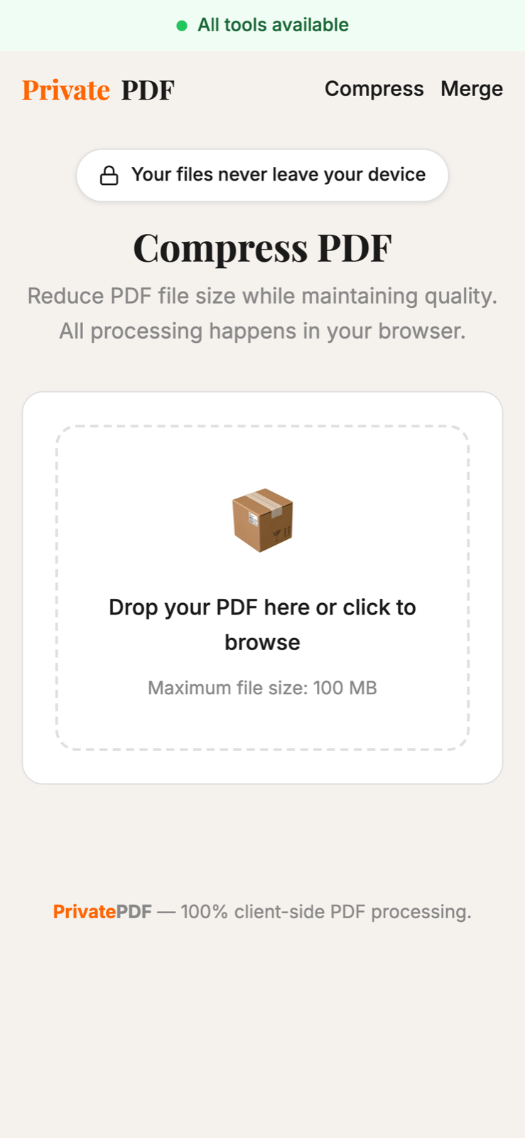 Compress on a phone. Tapping the drop zone opens the file picker.