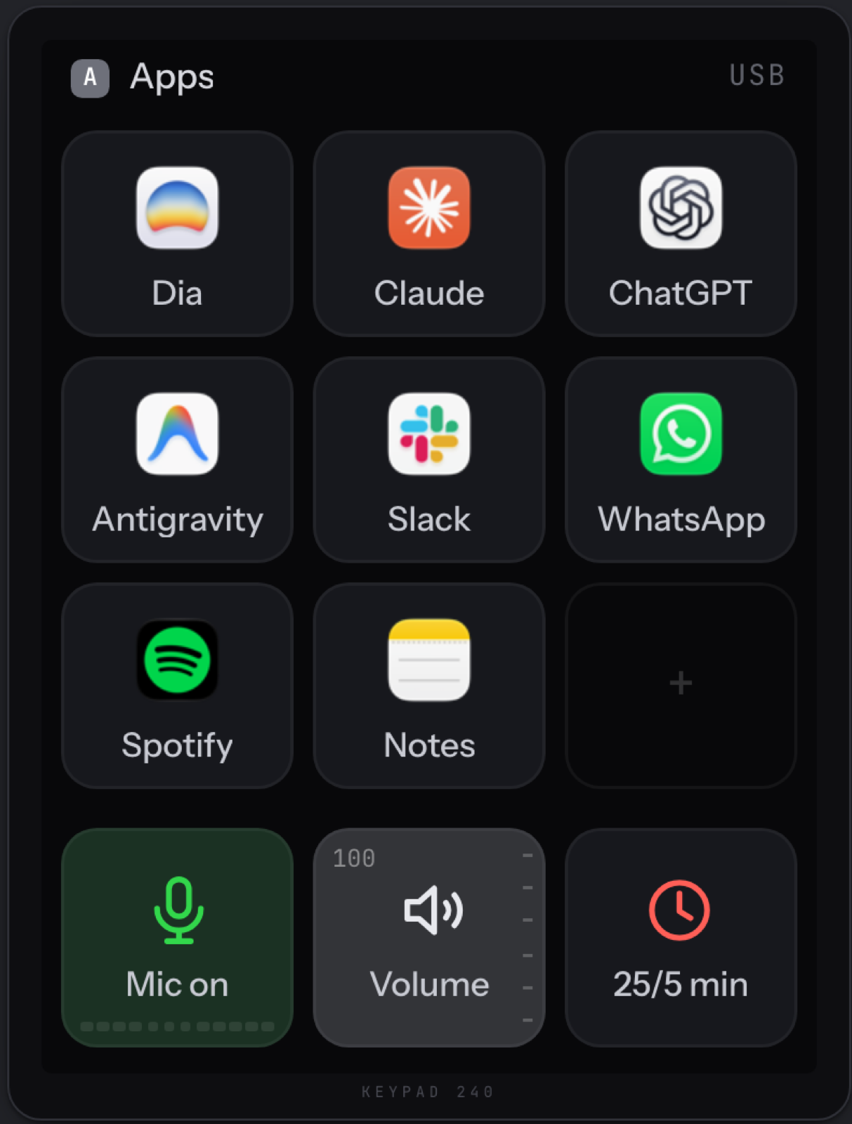 What I actually use every day: my eight apps with their real icons, plus mic, volume and a focus timer.