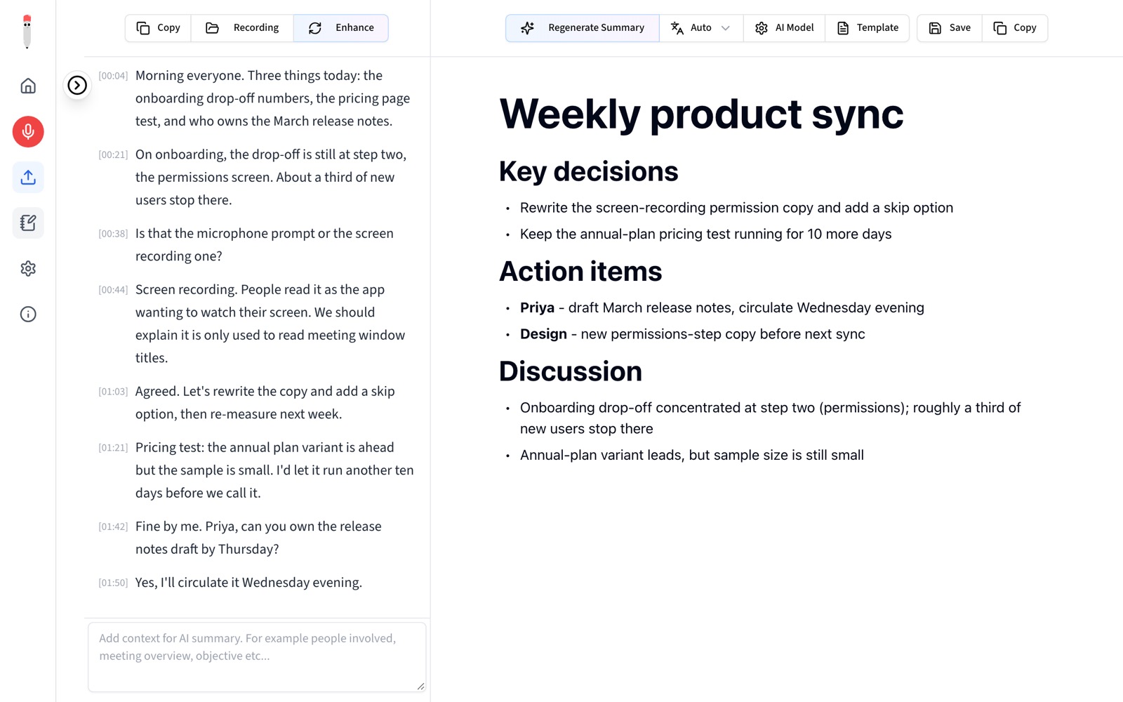 A finished meeting: transcript and summary. This screen is Meetily’s design, shown with fictional content.