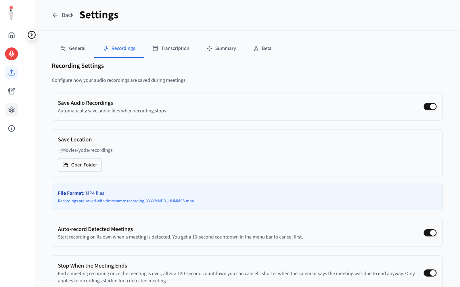 Recording settings: Meetily’s options at the top, my automation toggles below.
